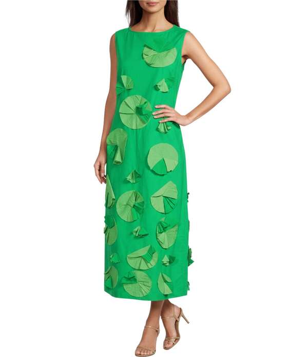 フランセスバレンタイン レディース トップス 衣装 ノースリーブ マキシ FRANCES VALENTINE Origami Organza Flower Scoop Neck Sleeveless Maxi Dress Green 緑であること