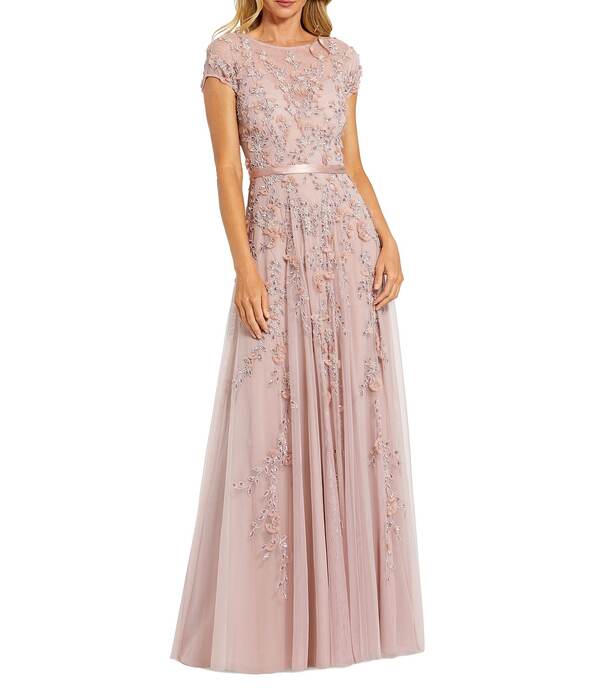 マックダガル レディース トップス ワンピース A ライン フラワー柄 メッシュ キャップ フラワー Mac Duggal Illusion Round Neck Cap Sleeve Floral Embellished Mesh Aline Gown Mocha モカ｜ReVida 店