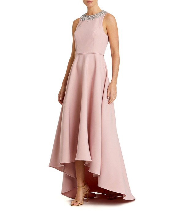 マックダガル レディース トップス 衣装 縮緬 ハイネック ノースリーブ Mac Duggal Crepe Beaded High Neck Sleeveless High-Low Ball Gown Blush 毛はらい
