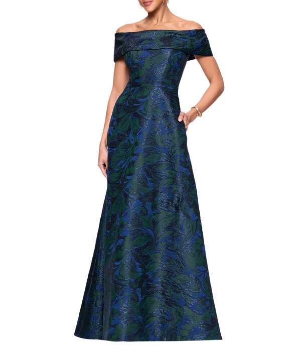 逃げ失せる レディース トップス 衣裳 Xscape Off-the-Shoulder Jacquard Ball Gownavy/Green 米国海軍
