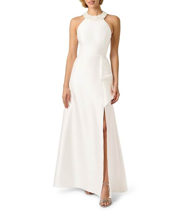 アドリアナ パペル レディース トップス 衣裳 A 伝達ルート フラウンス ホルター Adrianna Papell Embellished Halter Neck Ruffle Mikado A-Line Gown Ivory 象牙色