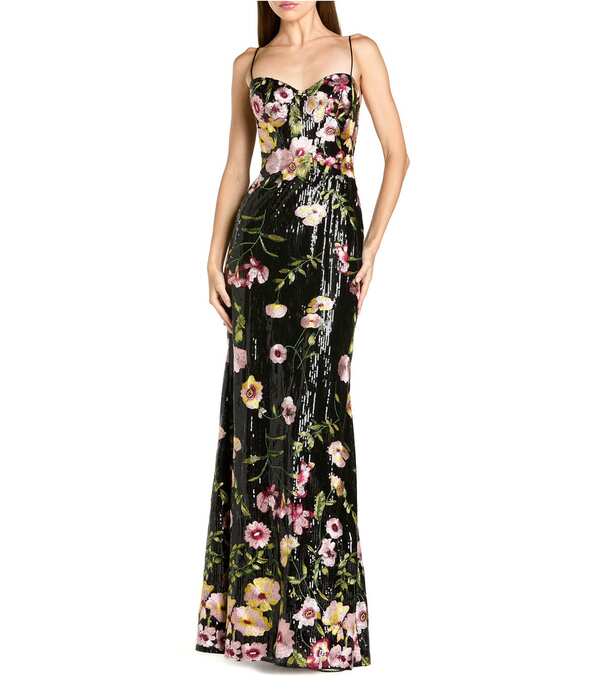 マックダガル レディース トップス 衣装 御花柄 スパンコール ノースリーブ 刺しゅう 御花 Mac Duggal Sequin Embroidered Floral Sweetheart Neck Sleevelesspaghetti Straps Chemise Gown Black Multi 黒いこと