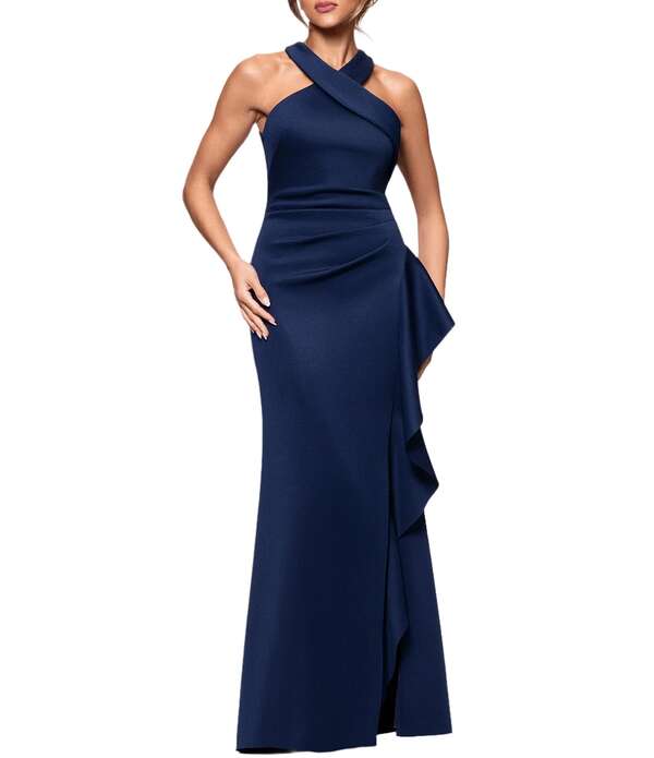 逃げ失せる レディース トップス 衣裳 縮緬 フラウンス アクアラング ホルター Xscape Halter Neck Scuba Crepe Side Ruffle Sheath Gown Midnight