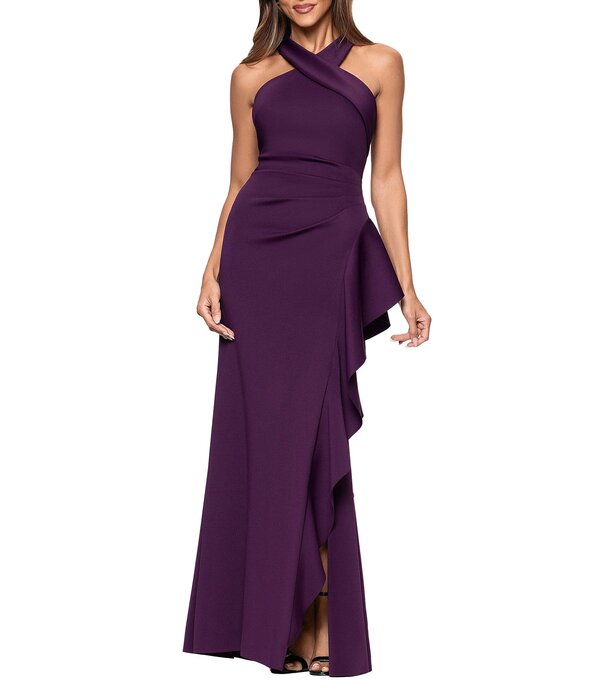 逃げ失せる レディース トップス 衣裳 縮緬 フラウンス アクアラング ホルター Xscape Halter Neck Scuba Crepe Side Ruffle Sheath Gown Plum 酸桃
