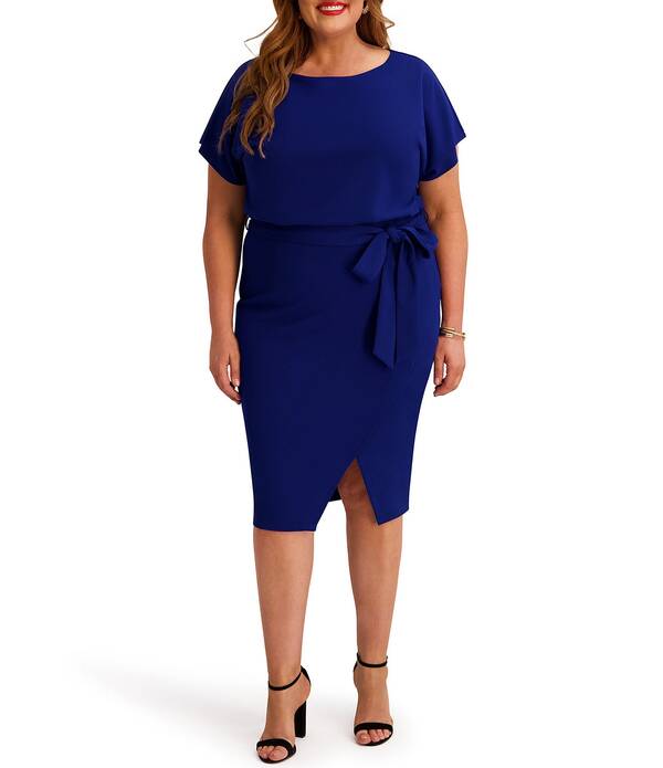 ケンジー レディース トップス 衣裳 縮緬 ひざ丈 足し加える大いさ アクアラング Kensie Plusize Crepe Scuba Short Sleeve Bow Detail Knee Length Dress Cobalt 青緑色