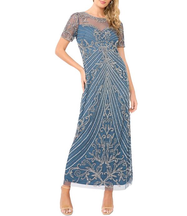 ピサッロナイツ レディース トップス 衣裳 メッシュ Pisarro Nights Meshort Sleeve Beaded Sheath Longown Grey 薄墨色