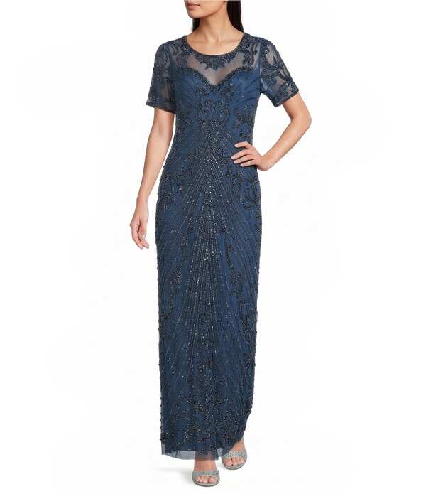 ピサッロナイツ レディース トップス 衣裳 メッシュ Pisarro Nights Meshort Sleeve Beaded Sheath Longown Petrol Blue 青碧
