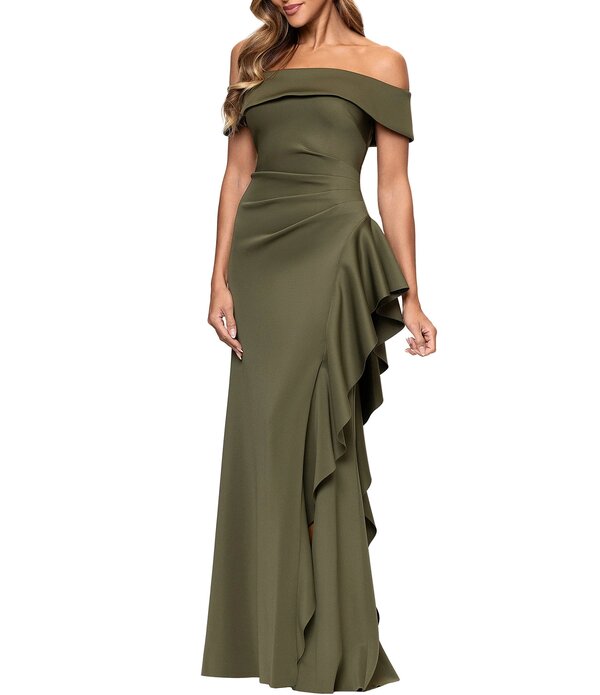 逃げ失せる レディース トップス 衣裳 縮緬 フラウンス Xscape Off the Shoulderuffle Crepe Gown Olive オリーブ