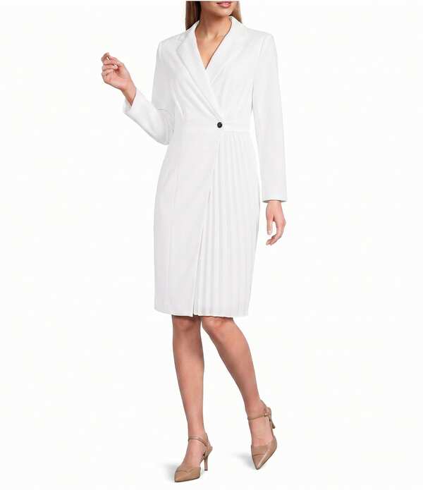 インベストメンツ レディース トップス 衣装 粘土筋目 アクアラング スポーツジャケット Investmentscuba Crepe Long Sleeve Blazer Pleated Fit and Flare Dress White 白いこと