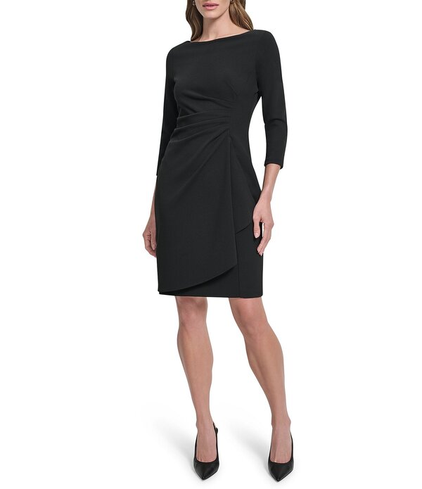 ダナキャラン レディース トップス 衣装 縮緬 ギャザー アクアラング DKNY By Donna Karan Scuba Crepe 3/4 Sleeve Faux Waist Wrap Ruchedress Black 黒いこと