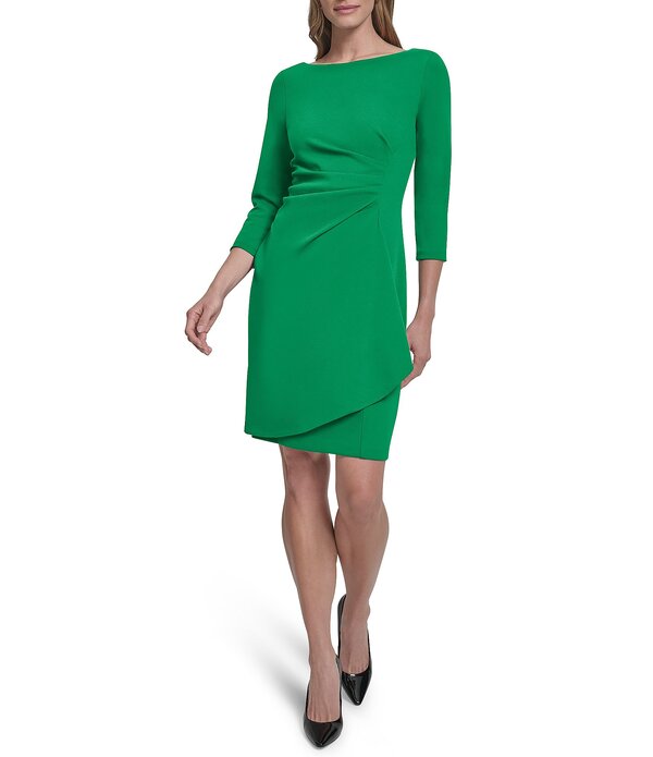 ダナキャラン レディース トップス 衣装 縮緬 ギャザー アクアラング DKNY By Donna Karan Scuba Crepe 3/4 Sleeve Faux Waist Wrap Ruchedress Grass Green 緑であること