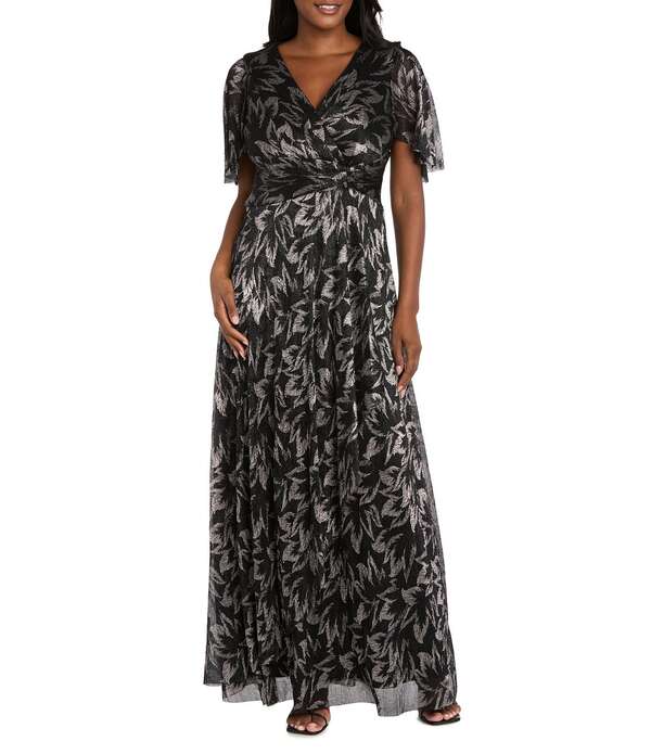 アールアンドエムリチャーズ レディース トップス 衣裳 プッディングトール シアー 編み物 R \u0026 M Richards Printed Metallic Foil Sheer Knit Short Flutter Sleeve Gown Black/Gunmetal 黒いこと