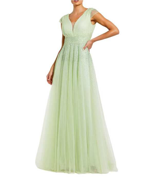 マックダガル レディース トップス 衣裳 Vのど首 チュール 旗がしら Mac Duggal V-Neck Beaded Embellished Tulle Cap Sleeve Gown Sage サルヴィア