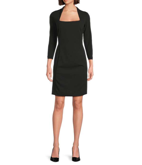 ダナキャラン レディース トップス 衣装 縮緬 アクアラング DKNY by Donna Karan Scuba Crepe Square Neck 3/4 Sleeve Sheath Dress Black 黒いこと
