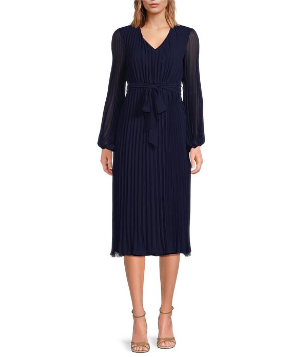 サムエデルマン レディース トップス 衣装 Vのど首 シフォン A 生産ライン 筋目 MIDI Sam Edelman Chiffon V-Neck Long Sleeve Pleated A-Line Midi Dress Navy 米国海軍