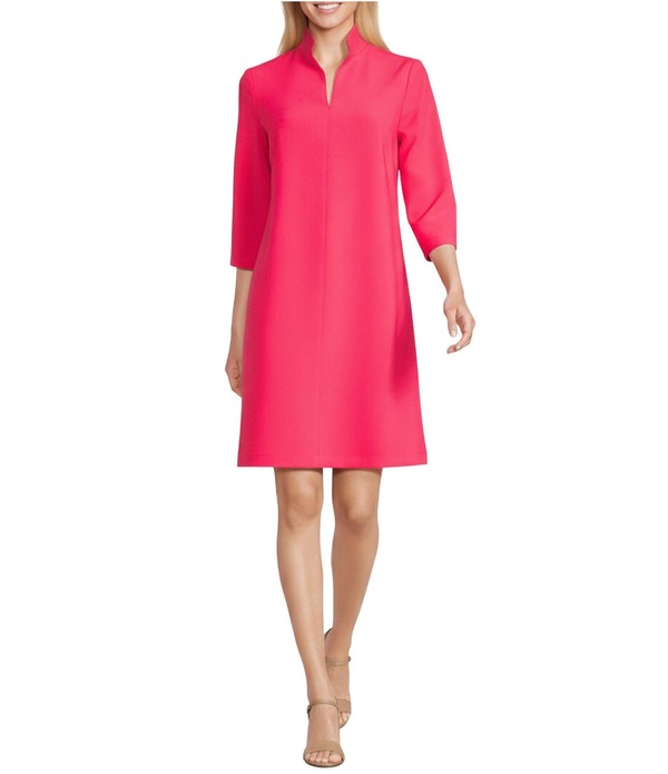 キャロライン さくら色 レディース トップス 衣裳 縮緬 A 伝達ルート Caroline Rose Taylor Crepe Split Mandarin Collar 3/4 Sleeve A-Line Dress Calypso Coral コーラル