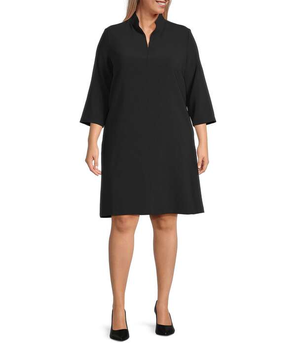 キャロライン サクラ色 レディース トップス 衣装 縮緬 A 生産ライン 足し加える大きさ Caroline Rose Plus Taylor Crepe Split Mandarin Collar 3/4 Sleeve A-Line Dress Black 黒いこと