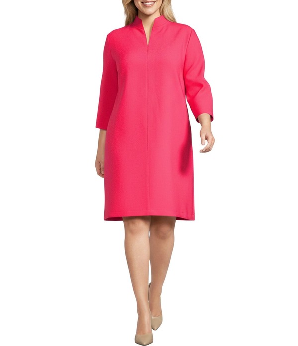 キャロライン サクラ色 レディース トップス 衣装 縮緬 A 生産ライン 足し加える大きさ Caroline Rose Plus Taylor Crepe Split Mandarin Collar 3/4 Sleeve A-Line Dress Calypso Coral コーラル