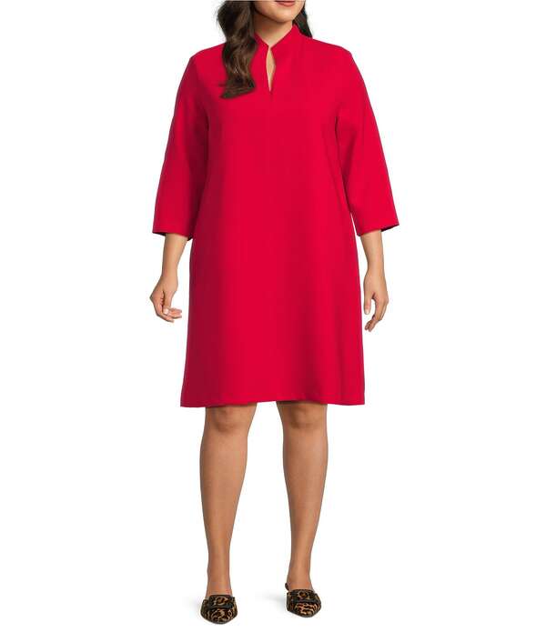 キャロライン サクラ色 レディース トップス 衣装 縮緬 A 生産ライン 足し加える大きさ Caroline Rose Plus Taylor Crepe Split Mandarin Collar 3/4 Sleeve A-Line Dress Deep Red 赤いこと