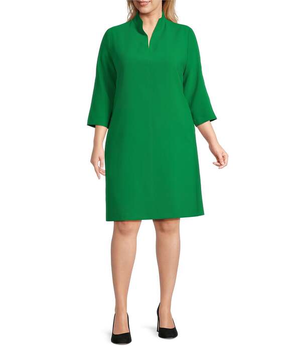 キャロライン サクラ色 レディース トップス 衣装 縮緬 A 生産ライン 足し加える大きさ Caroline Rose Plus Taylor Crepe Split Mandarin Collar 3/4 Sleeve A-Line Dress Green Gem 緑であること