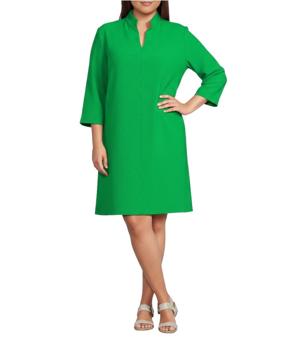 キャロライン サクラ色 レディース トップス 衣装 縮緬 A 生産ライン 足し加える大きさ Caroline Rose Plus Taylor Crepe Split Mandarin Collar 3/4 Sleeve A-Line Dress Kelly Green 緑であること