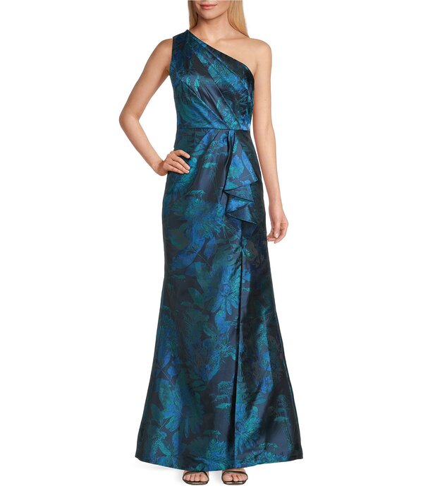 アドリアナ パペル レディース トップス 衣裳 御花柄 刷り上げる ノースリーブ 御花 Adrianna Papell Floral Print Jacquard One Shoulder Sleeveless Gown Cobalt Multi 青緑色