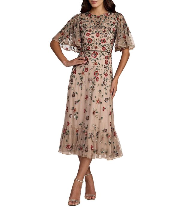 マックダガル レディース トップス 衣装 御花柄 メッシュ MIDI 御花 Mac Duggal Floral Beaded Mesh Flutter Sleeve Midi Dress Antique Rose