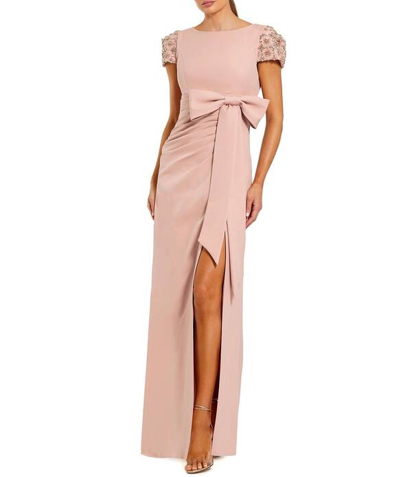 マックダガル レディース トップス 衣装 縮緬 Mac Duggal Beaded Short Sleeve Crepe Gown With Bow and Slit Dusty Rose