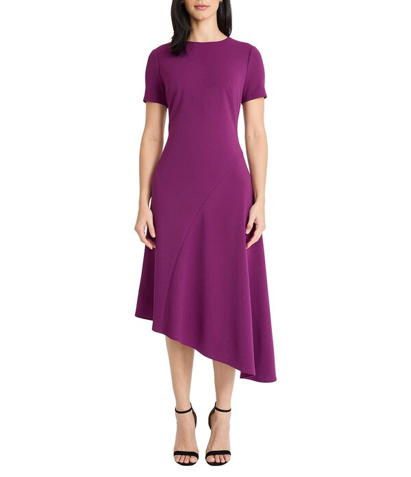 マギー英国の首都 レディース トップス 衣装 縮緬 非対称 MIDI アクアラング Maggy London Scuba Crepe Boat Neck Short Sleeve Asymmetrical Hemidi Dress Dark Purple パープル