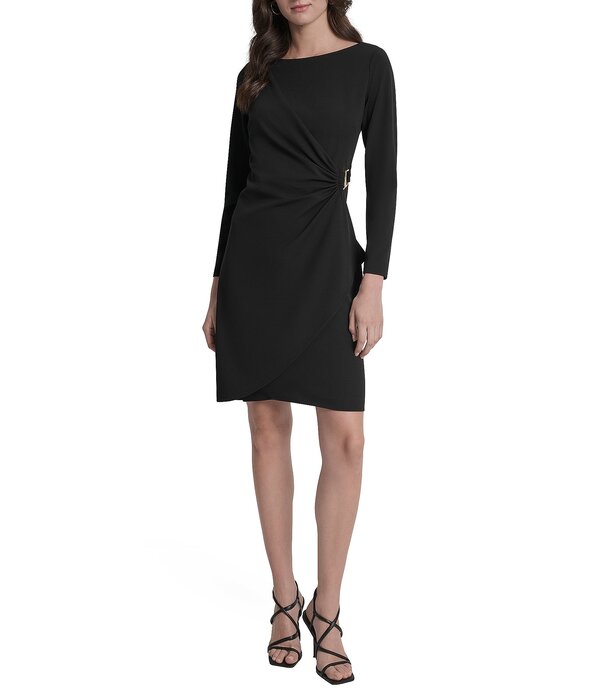 ダナキャラン レディース トップス 衣装 クルーネックレープ ギャザー アクアラング DKNY by Donna Karan Scuba Crepe Crew Neck Long Sleeve Ruched Bodice Sheath Dress Black 黒いこと