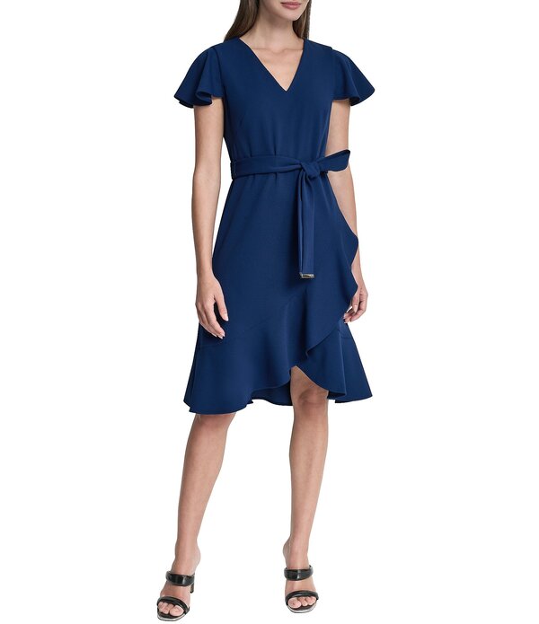 ダナキャラン レディース トップス 衣装 Vネックレープ アクアラング DKNY by Donna Karan Scuba Crepe V-Neck Short Flutter Sleeve Belted Faux Wrap Dress Coastal Blue 青色