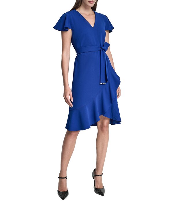 ダナキャラン レディース トップス 衣装 Vネックレープ アクアラング DKNY by Donna Karan Scuba Crepe V-Neck Short Flutter Sleeve Belted Faux Wrap Dress Regatta