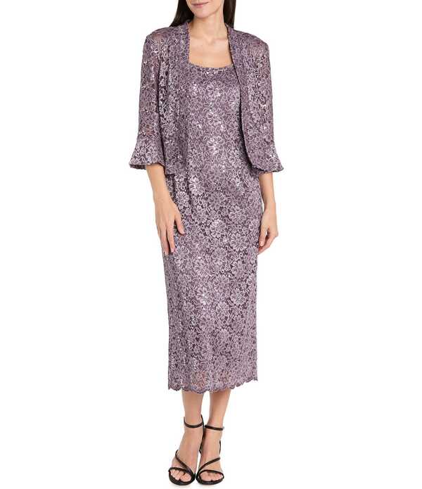 アールアンドエムリチャーズ レディース トップス 衣装 メッシュ MIDI スパンコール スピード競技 上衣 R \u0026 M Richards Lace Sequin Power Mesh Scallop Trim 3/4 Sleeve Jacket Midi Dress Wisteria/Orchid