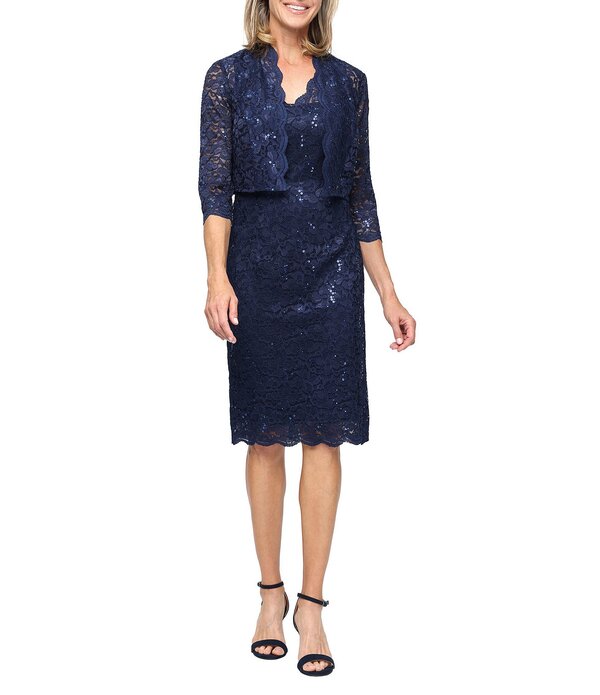 イグナイト レディース トップス ワンピースパンコール スピード競技 上衣 Igniteveningsequin Lace 3/4 Bolero Jacket Sheath Dress Navy 米国海軍