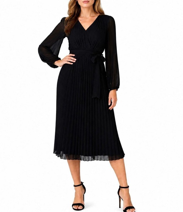 サムエデルマン レディース トップス 衣装 Vのど首 シフォン A 生産ライン 筋目 MIDI Sam Edelman Chiffon V-Neck Long Sleeve Pleated A-Line Midi Dress Black 黒いこと