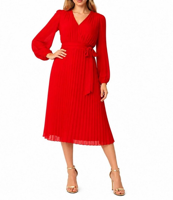 サムエデルマン レディース トップス 衣装 Vのど首 シフォン A 生産ライン 筋目 MIDI Sam Edelman Chiffon V-Neck Long Sleeve Pleated A-Line Midi Dress Coral コーラル