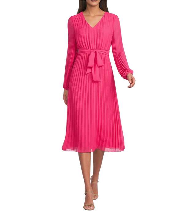 サムエデルマン レディース トップス 衣装 Vのど首 シフォン A 生産ライン 筋目 MIDI Sam Edelman Chiffon V-Neck Long Sleeve Pleated A-Line Midi Dress Hot Pink サクラ色