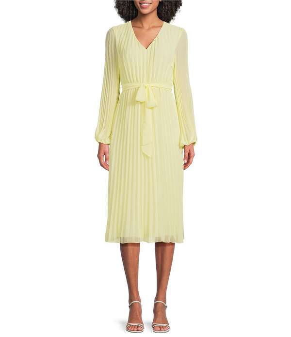 サムエデルマン レディース トップス 衣裳 Vのど首 シフォン A 伝達ルート 筋目 MIDI Sam Edelman Chiffon V-Neck Long Sleeve Pleated A-Line Midi Dress Lemon