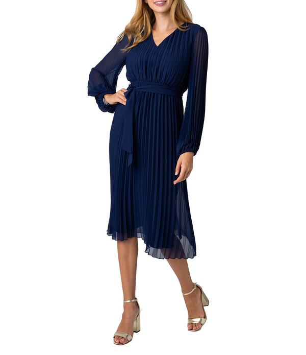 サムエデルマン レディース トップス 衣装 Vのど首 シフォン A 生産ライン 筋目 MIDI Sam Edelman Chiffon V-Neck Long Sleeve Pleated A-Line Midi Dress Navy 米国海軍