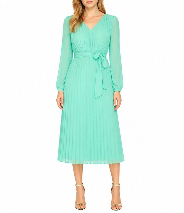 サムエデルマン レディース トップス 衣装 Vのど首 シフォン A 生産ライン 筋目 MIDI Sam Edelman Chiffon V-Neck Long Sleeve Pleated A-Line Midi Dress Turquoise 青緑色