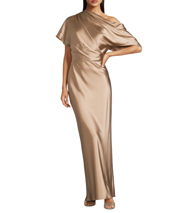 アレックスマリー レディース トップス 衣裳 繻子 Alex Marie Nancy Stretch Satin One Shoulder Short Sleeve Gown Champagne 三鞭酒
