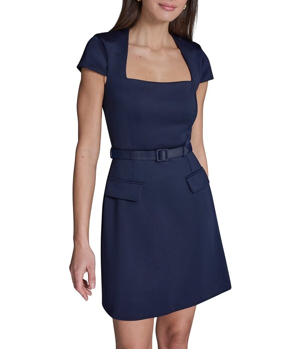 ビーシビージー レディース トップス 衣装 ミニ アクアラング BCBG Scuba Square Neck Short Sleeve Belted Mini Dress Deep Navy 米国海軍