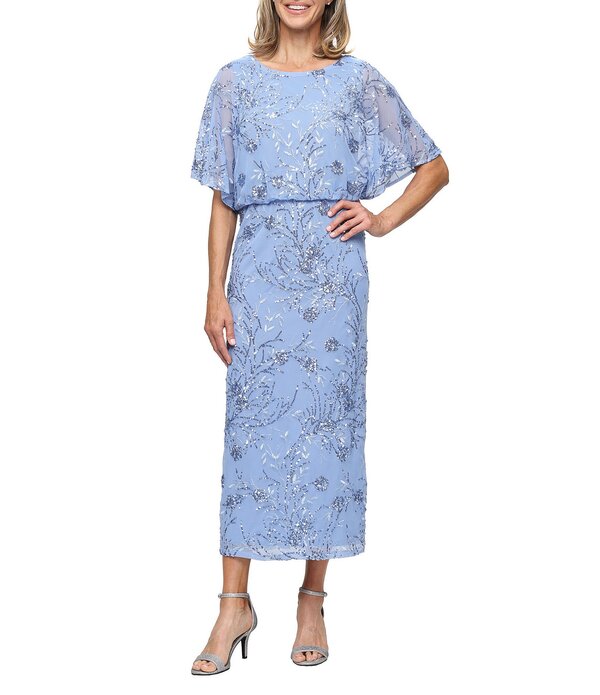 イグナイト レディース トップス 衣装 御花柄 プチ メッシュ MIDI スパンコール 御花 Ignitevenings Petite Size Floral Sequin Mesh Scoop Neck Short Flutter Sleeve Blouson Midi Dress Blue 青色
