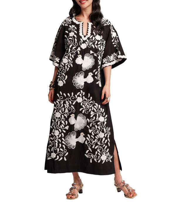 フランセスバレンタイン レディース トップス 衣装 Vのど首 マキシ FRANCES VALENTINE Charming Peacock Embroidery Split V-Neck 3/4 Sleeve Caftan Maxi Dress Black Multi 黒いこと