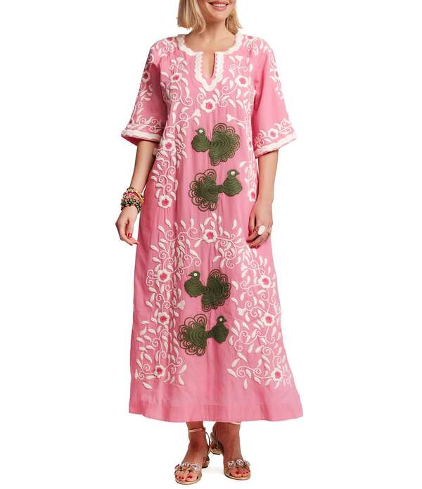 フランセスバレンタイン レディース トップス 衣装 Vのど首 マキシ FRANCES VALENTINE Charming Peacock Embroidery Split V-Neck 3/4 Sleeve Caftan Maxi Dress Pink/Multi サクラ色