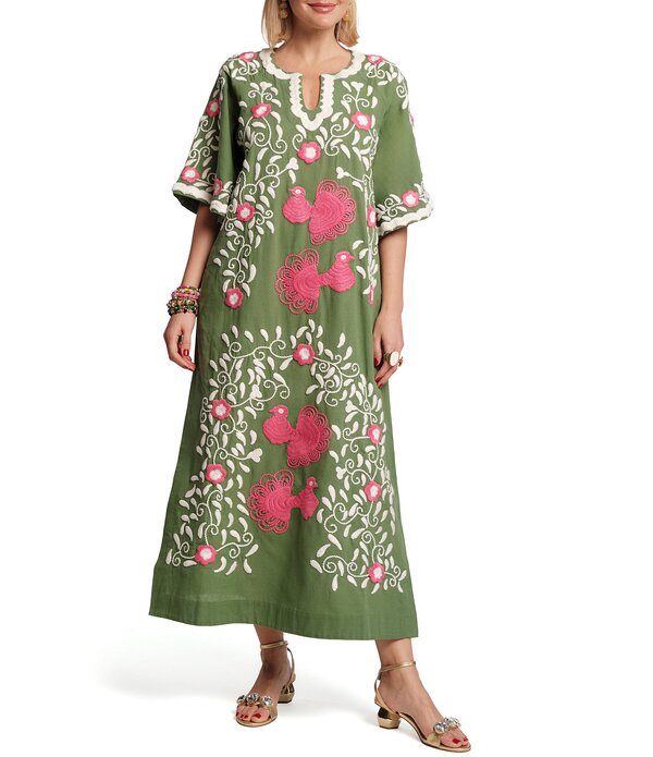 フランセスバレンタイン レディース トップス 衣装 Vのど首 マキシ FRANCES VALENTINE Charming Peacock Embroidery Split V-Neck 3/4 Sleeve Caftan Maxi Dress Tree Top/Multi マルチ色合い