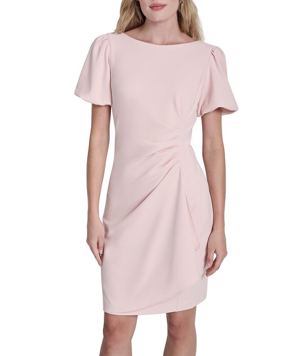 ダナキャラン レディース トップス 衣裳 縮緬 ギャザー アクアラング DKNY by Donna Karan Scuba Crepe Short Bubble Sleeve Ruched Front Sheath Dress petal
