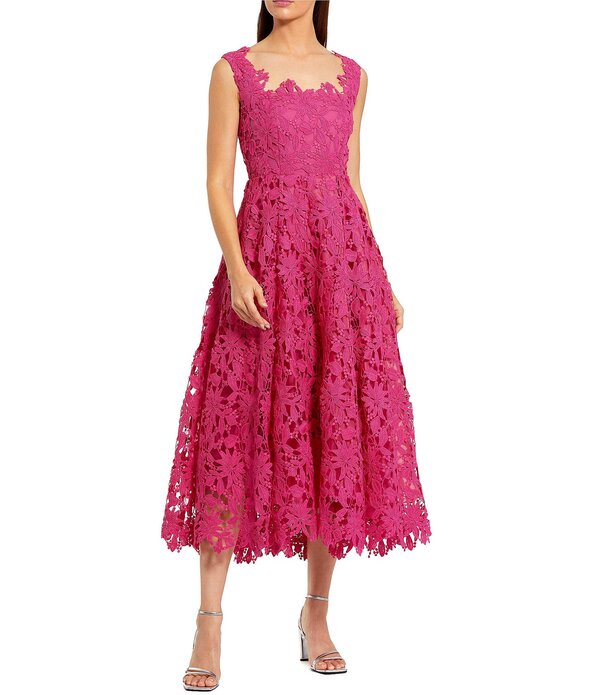 マックダガル レディース トップス 衣装 A 生産ライン MIDI ノースリーブ スピード競技 Mac Duggal Sleevelessquare Neck Lace A-Line Midi Dress Hot Pink サクラ色