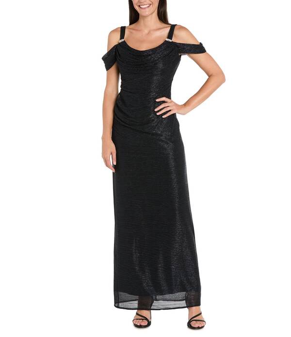 アールアンドエムリチャーズ レディース トップス 衣装 トール R \u0026 M Richards Festival Crinkle Cowl Neck Cold Shoulder Sleeve Metallic Gownavy 米国海軍