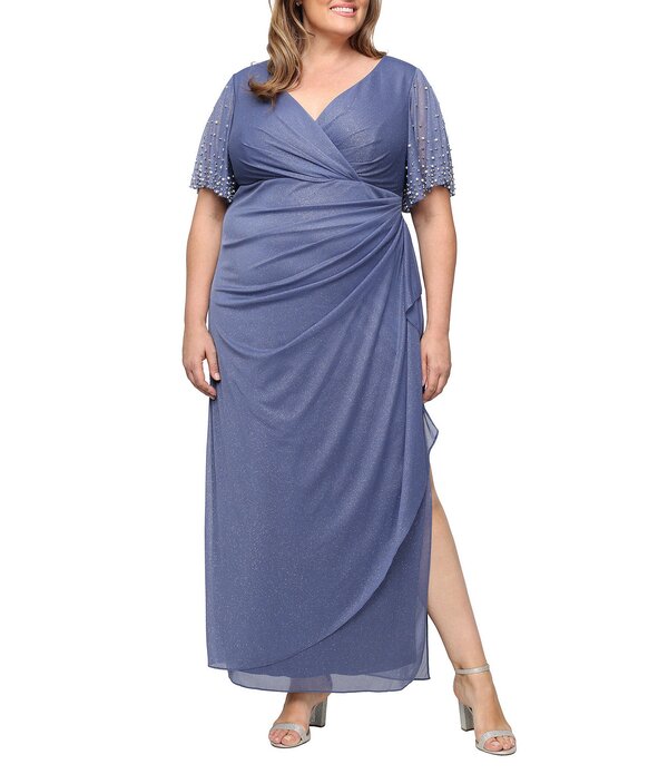 アレックスイブニングス レディース トップス 衣裳 Vのど首 つけ加える大きさ メッシュ 帝国 Alex Evenings Plusize Glitter Mesh V-Neck Beaded Flutter Short Sleevempire Waist Gown Dusty Blue 青碧